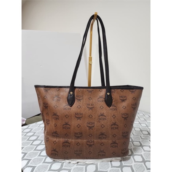 Authentic MCM Visetos Dog Bone Striped Shopper Tote Bag Brown - Picture 4 of 13